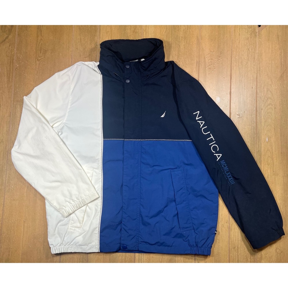 Nautica N83 Colorblock Windbreaker Jacket Navy Blue White XL J3302 sailing
